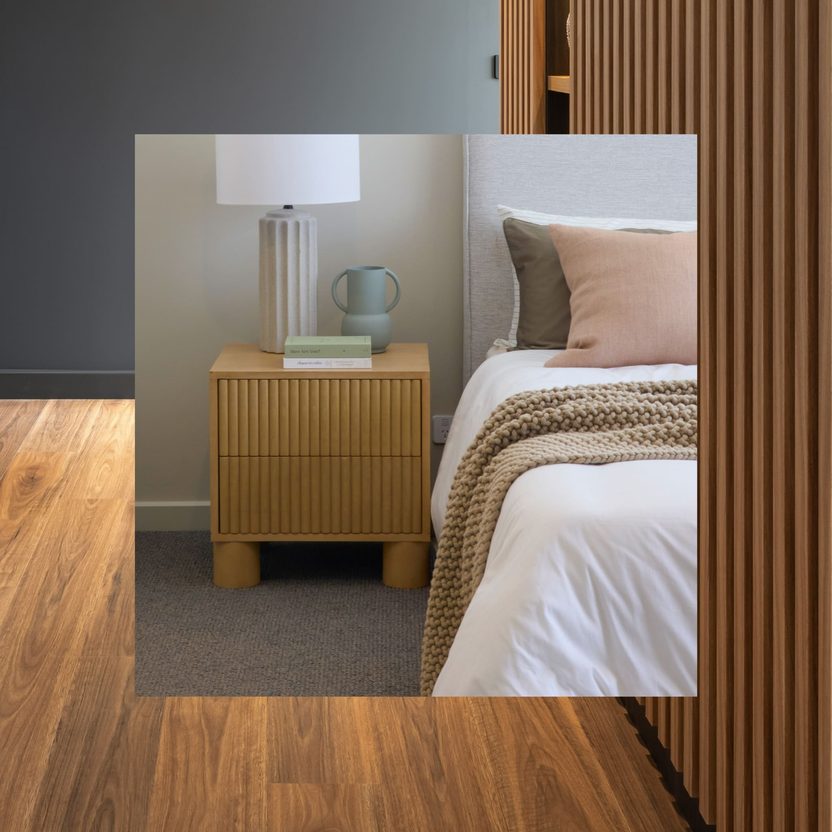 Modern bedroom framed by timber battens
