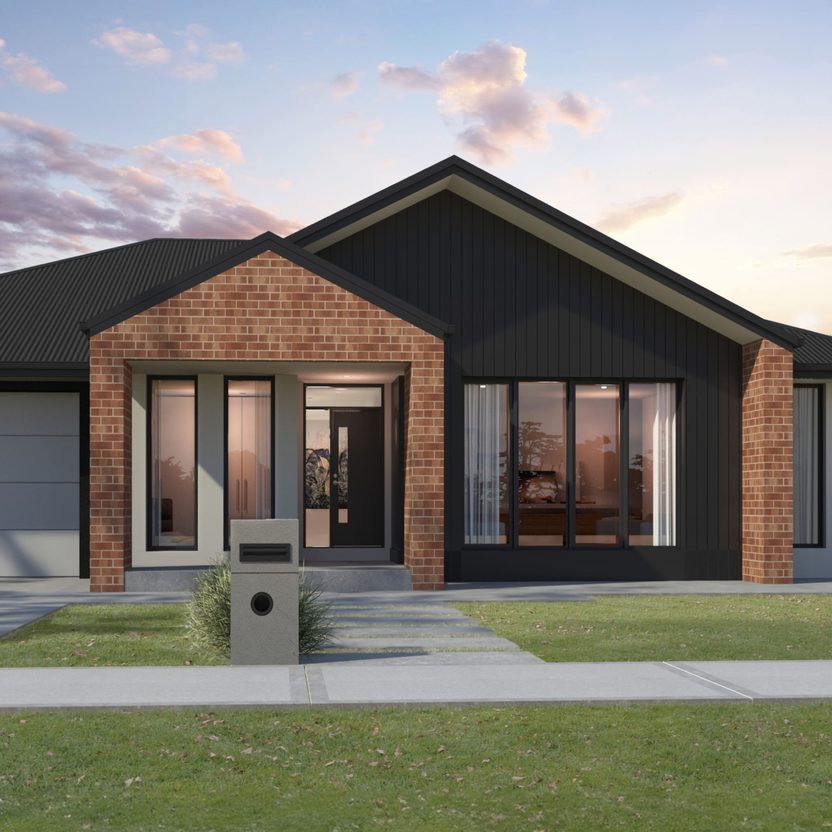 Contemporary brick home at dusk