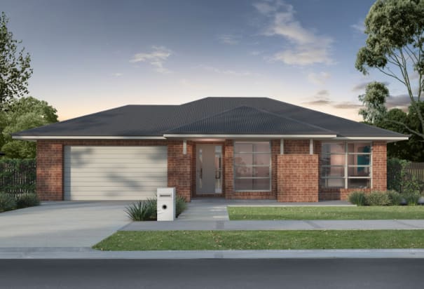 Brick veneer single story house, traditional facade, dark roof, render | Davis Sanders