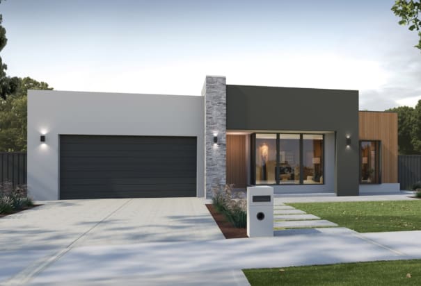 Contemporary facade, dark render, stone column, modern home exterior | Davis Sanders