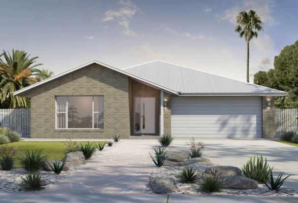 Brick veneer house, white roof, single story, desert landscaping | Davis Sanders