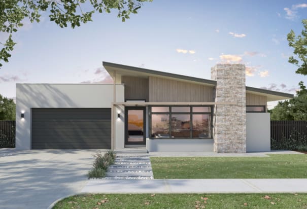 Mid-century house design, skillion roof, stone chimney, timber cladding | Davis Sanders