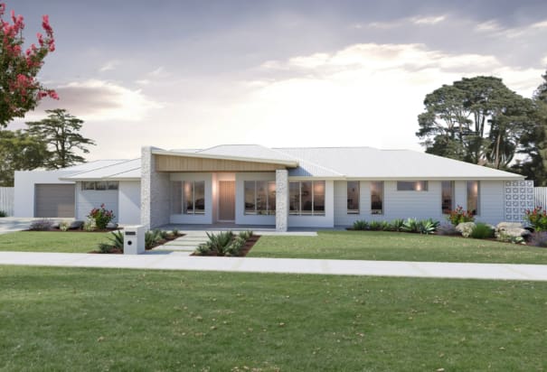 Long coastal style house, white weatherboard, stone pillars, light facade | Davis Sanders