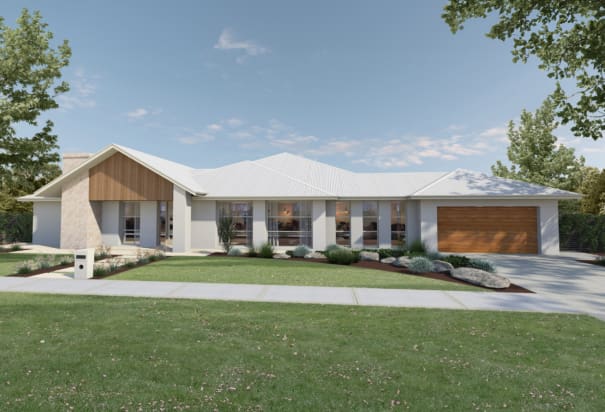 Wide contemporary house, stone facade, timber detail, white roof | Davis Sanders