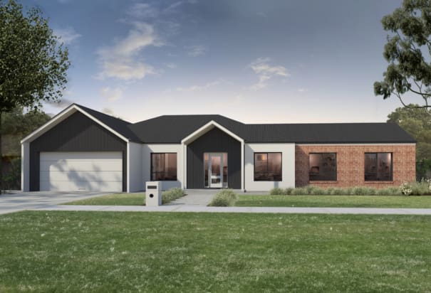 Farmhouse exterior, black cladding, white render, brick accents, modern | Davis Sanders