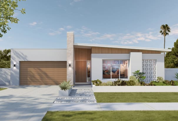 Mid-century modern house, white rendered, flat roof, wood garage | Davis Sanders