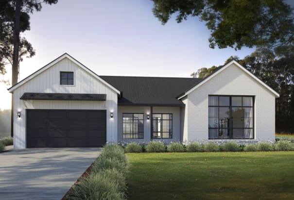 Modern farmhouse, white brick, black roof, vertical board siding, garage | Davis Sanders