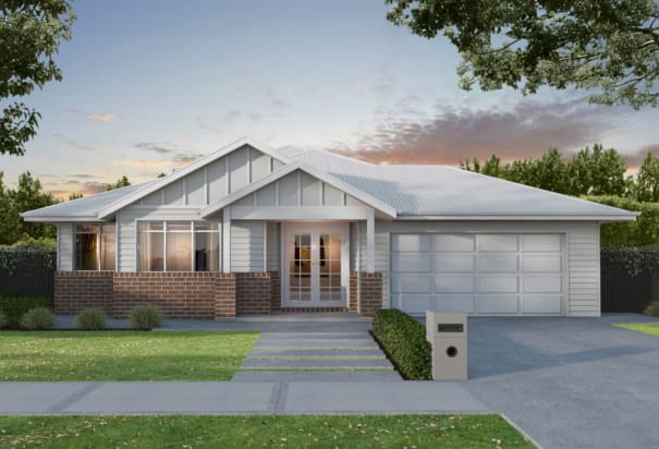 Traditional house, white weatherboard, brick base, pitched roof design | Davis Sanders