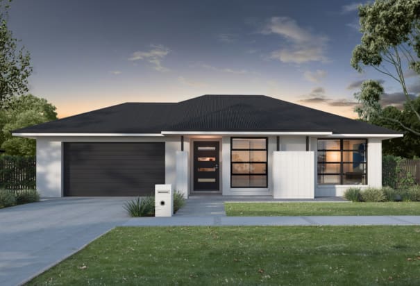 Single story home, black roof, white render, modern design elements | Davis Sanders